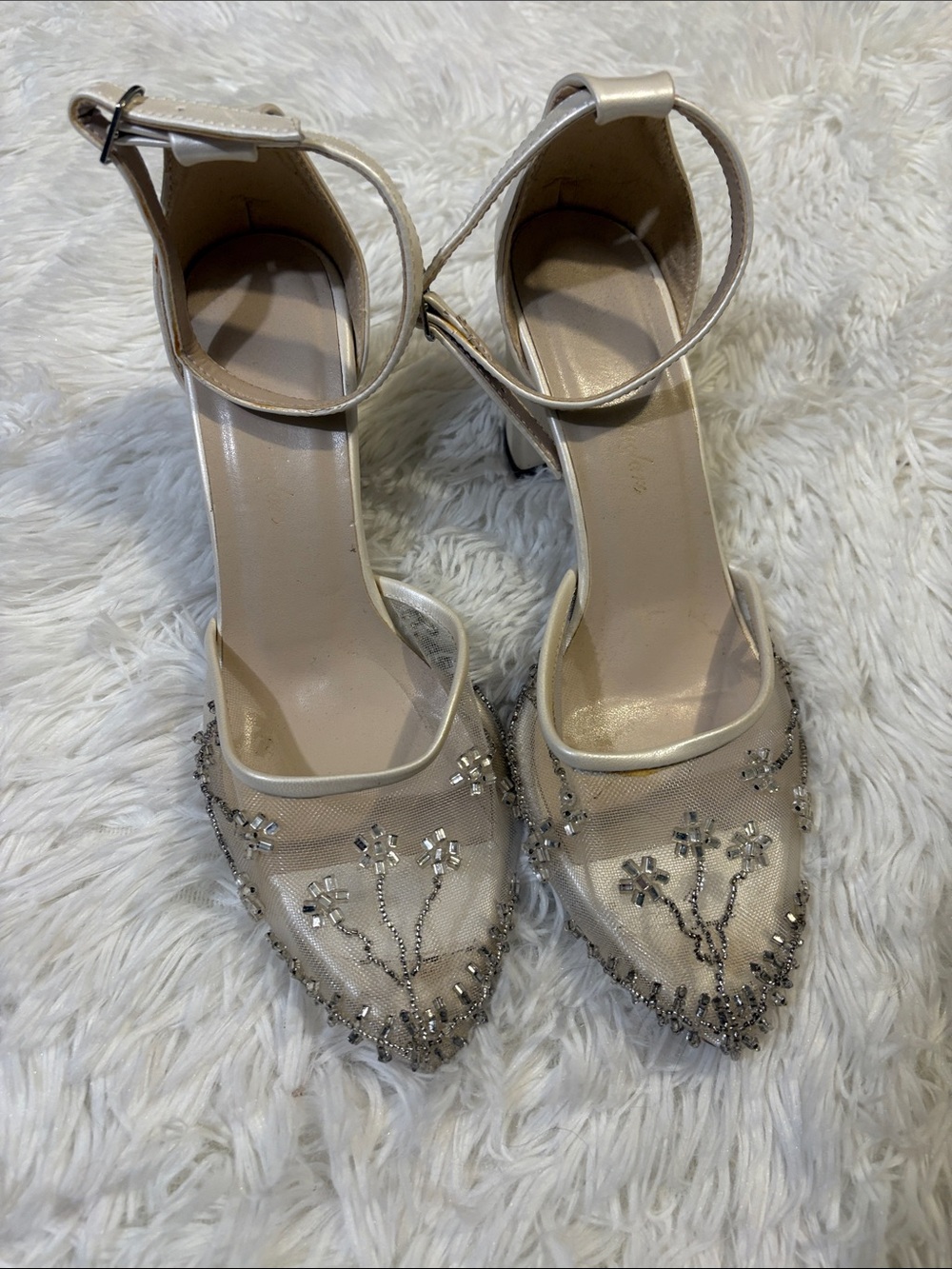 Handmade Embroidered Beige Pointed-Toe Ankle-Strap Heels Bridal